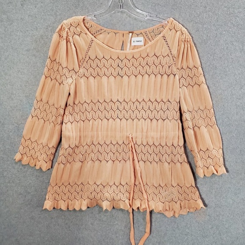 Free People‎ Women Top Medium Pink Fire Island Knit 3/4 Sleeve Crochet